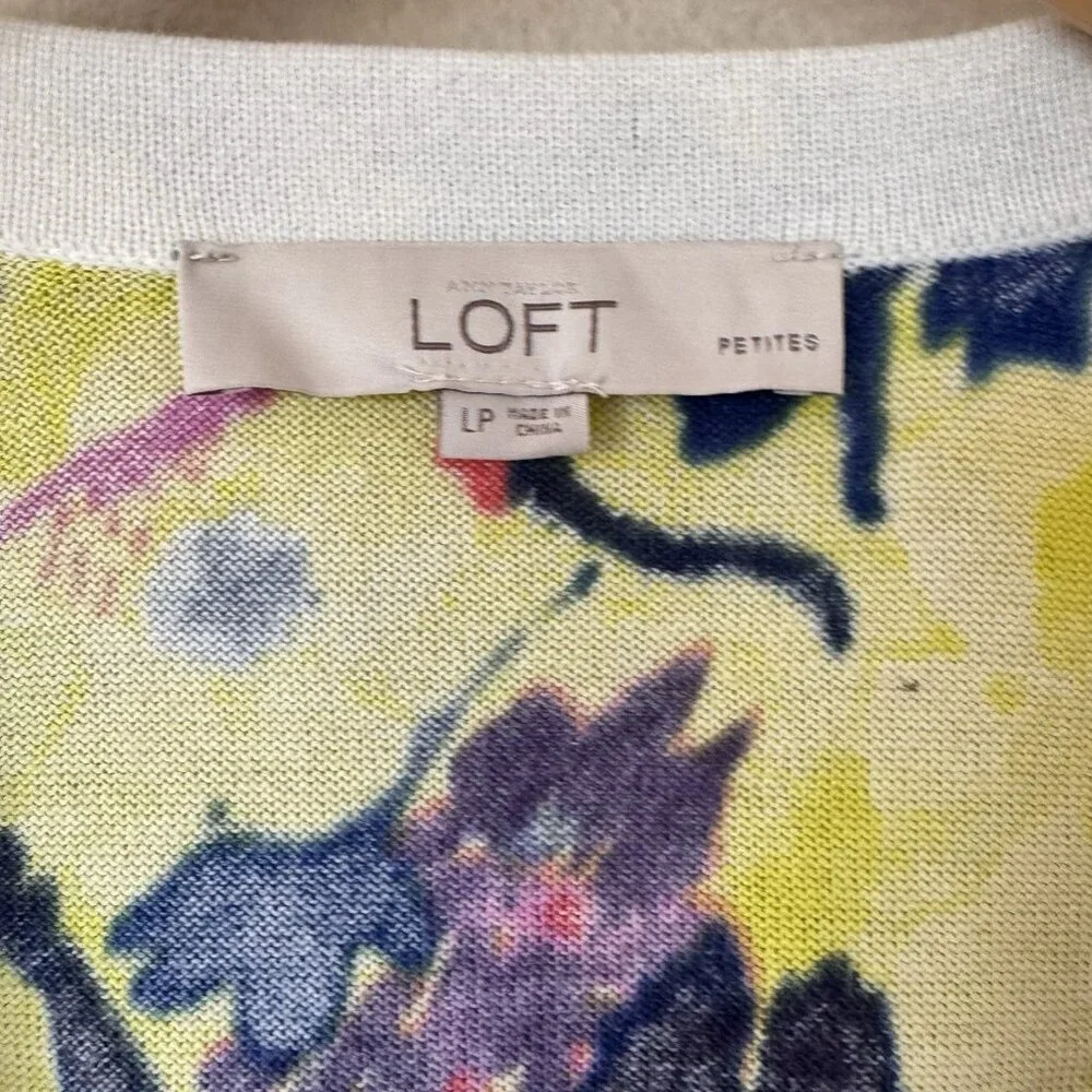 LOFT Womens Floral Cotton Sweater Cardigan V Neck Yellow Pink Petite Size LP - Picture 6 of 7